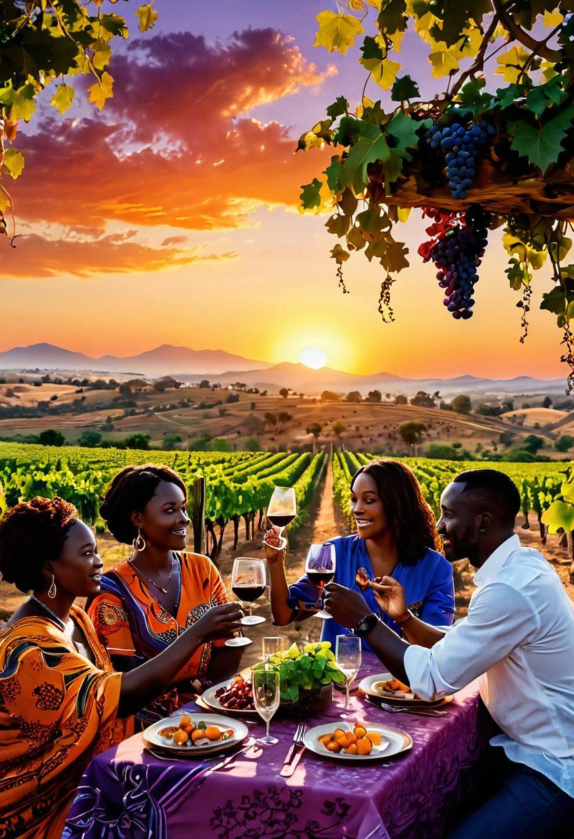 A sun-kissed vineyard in Africa, showcasing ripe grapes hanging from lush vines, with a diverse group of people clinking wine glasses in celebration. In the background, a vibrant sunset paints the sky in shades of orange and purple, hinting at the richness of the wine. Include elements of traditional African fabrics or art to celebrate local culture. The scene should evoke joy and connection, reflecting the experience of wine tasting in this unique setting. super-realistic. vibrant colors. 3D.