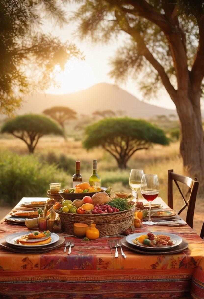 A beautifully set wooden dining table in an African landscape, featuring an array of local dishes beautifully paired with exquisite African wines. Lush greenery in the background with traditional woven textiles draping over the table, soft golden sunlight casting a warm glow. Include elements like wine glasses, wine bottles, and colorful food presentation. Soft focus on the horizon where the sun sets, evoking a cultural and culinary experience. vibrant colors. super-realistic.