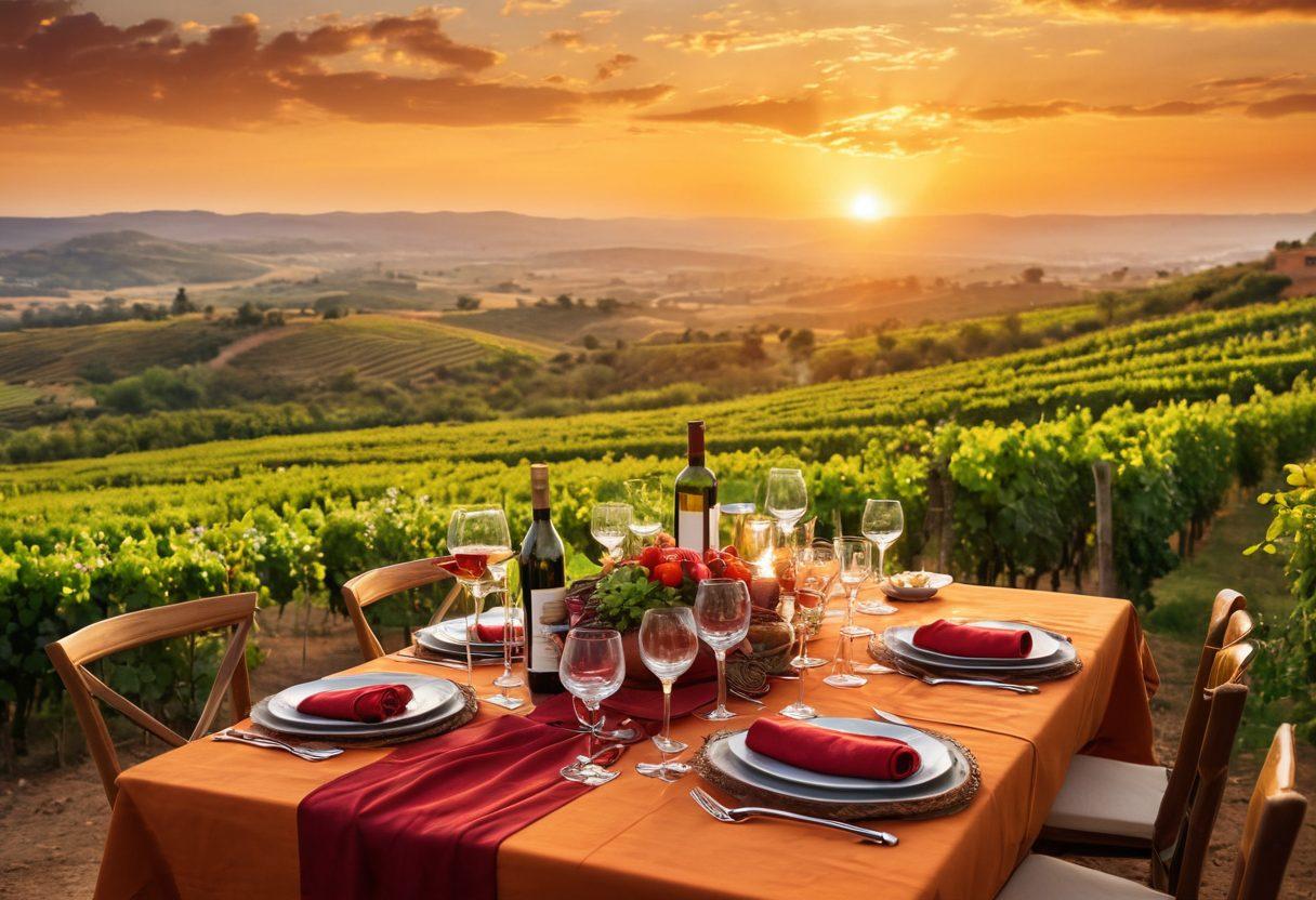 A beautifully set outdoor table in an African vineyard under the golden sunset, showcasing an array of elegant wine glasses filled with rich red and white wines. Surround the table with vibrant dishes of traditional African cuisine garnished with fresh herbs. In the background, lush grapevines stretch toward the horizon, with distant rolling hills. Infuse the scene with warm, inviting colors to evoke a sense of joy and celebration. super-realistic. vibrant colors. sunset lighting.